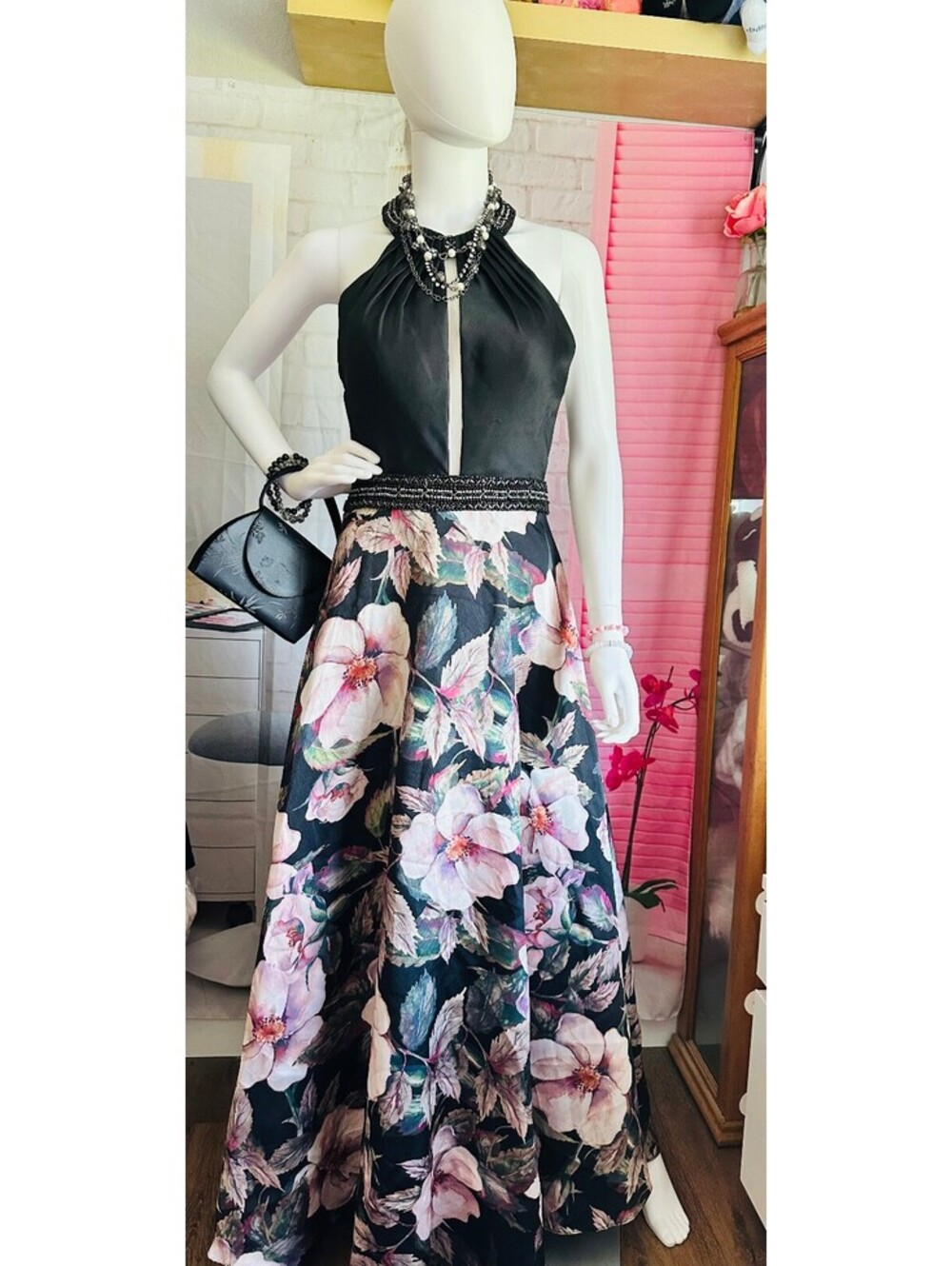 Chic Floral A-Line Party Dress in Black and Pink